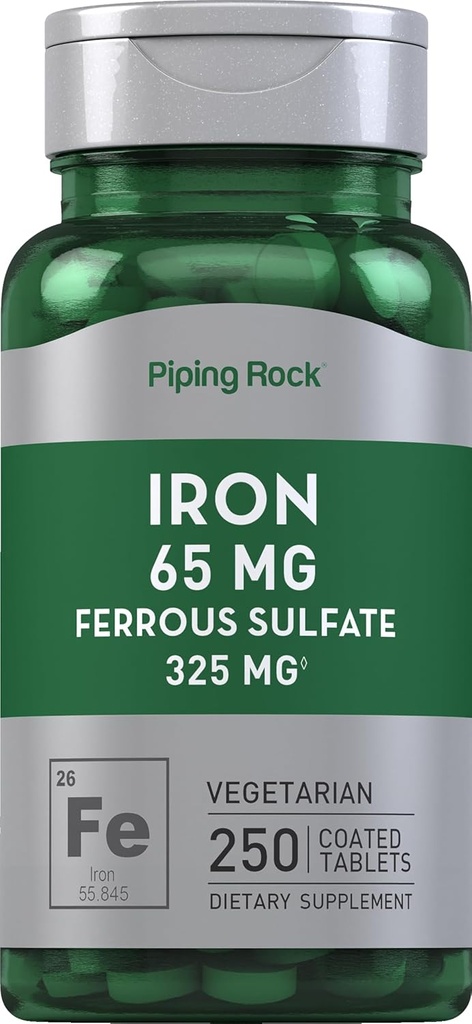 Piping Rock Iron Ferrous Sulfate 65 mg  250 Tablets peru Iron Supplement ← High Potency Formula ← Vegetarian, Non-GMO, Gluten Free