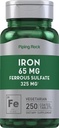 Piping Rock Iron Ferrous Sulfate 65 mg  250 Tablets peru Iron Supplement ← High Potency Formula ← Vegetarian, Non-GMO, Gluten Free