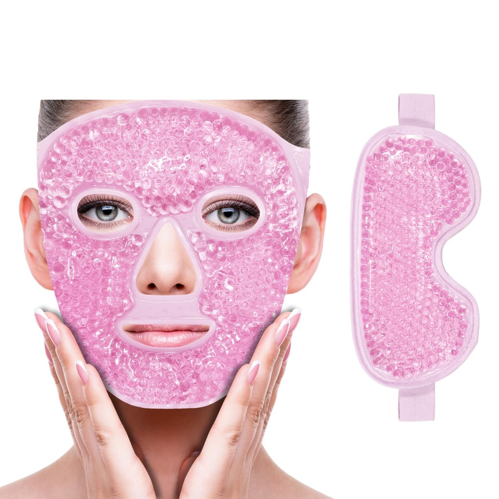 ZNÖCUETÖD Face Eye Mask Ice Pack for Reducing Puffiness, Bags Under Eyes, Puffy Dark Circles, Migraine,Hot/Cold Pack with Soft Plush Backing (Pink-(1*Eye Mask+1*Face Mask)