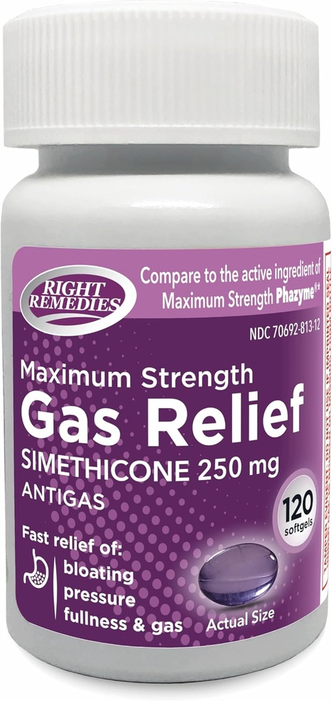 Gas Relief Maximum Strength, Simethicone 250 mg, (120 Softgels), Fast Relief from Gas, Bloating, Fullness, Painful Discomfort, Compare con Maximum Strength Phazyme Active Ingredient