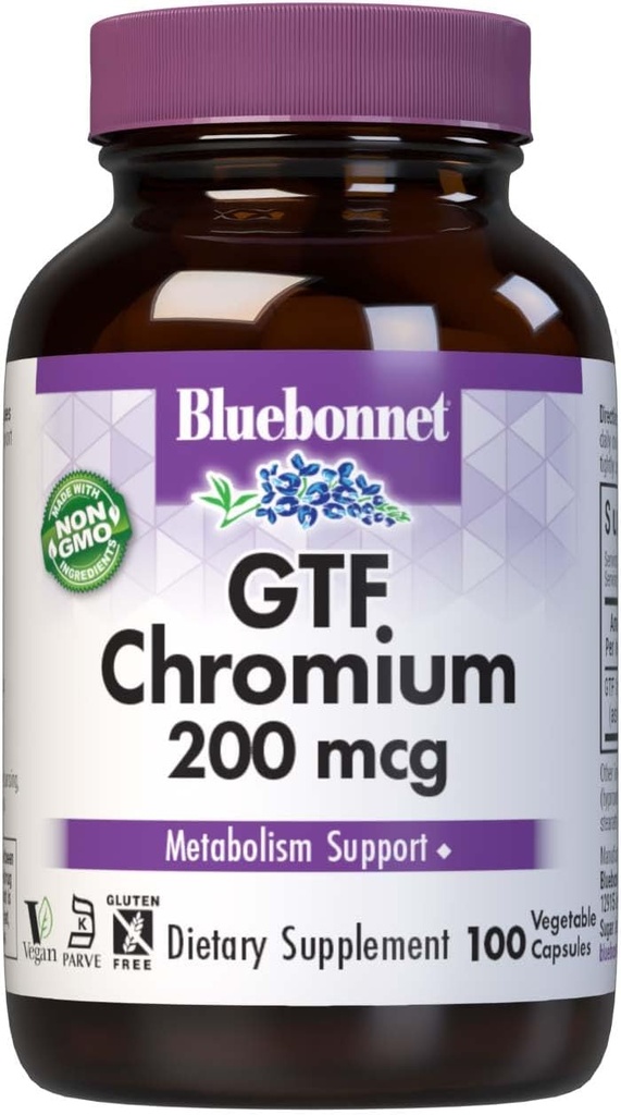 Bluebonnet Nutrition GTF Chromium 200 mcg, Soy-Free, Gluten-Free, Kosher Certified, Dairy-Free, Vegan, 100 cápsulas vegetales