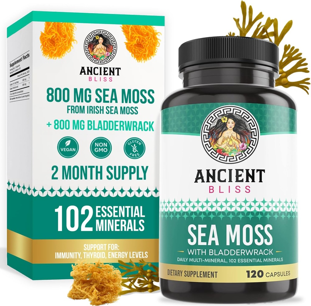 Antiguo Bliss Orgánica del Mar Irlandés Moss Pills - Dr Sebi Wildcrafted Seamoss Capsules peru Thyroid, Healthy Skin & Gut Support Silencio 120 Capsules