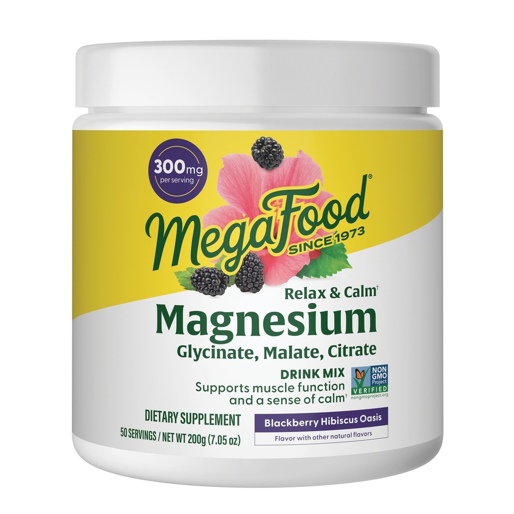 MegaFood Relax + Caliente de Magnesio Calma - Altamente Absorbable Magnesium Glycinate, Citrato de Magnesio &amp; Malate de Magnesio - Sin 9 Alérgenos Alimentarios - Blackberry Hibiscus Oasis - 7.05 Oz (50 Servings)