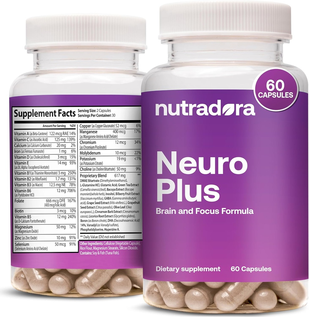 Neuro Plus Brain Supplement for Memory and Focus, 41 Ingredients, Premium Focus Supplement with DMAE Promotes Concentration &amp; Energy for Men and Women, Formulated in USA, 60 Capsules