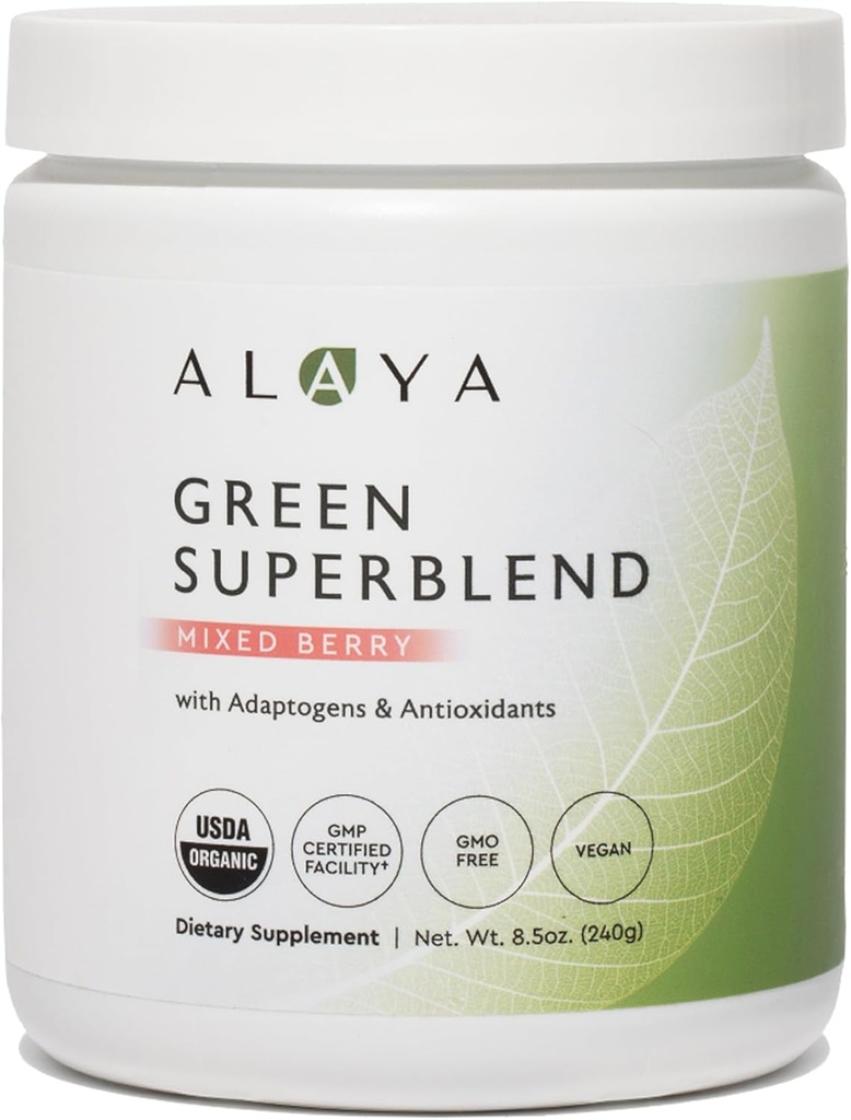 Alaya Orgánica Super Verde Polvo - Premium Verde Jugo Superalimentos Suplemento Polvo - Adaptógenos, Antioxidantes &amp; Probióticos Blend - USDA Orgánica, No-GMO, Vegan - 30 Servimientos (Mixed Berry)