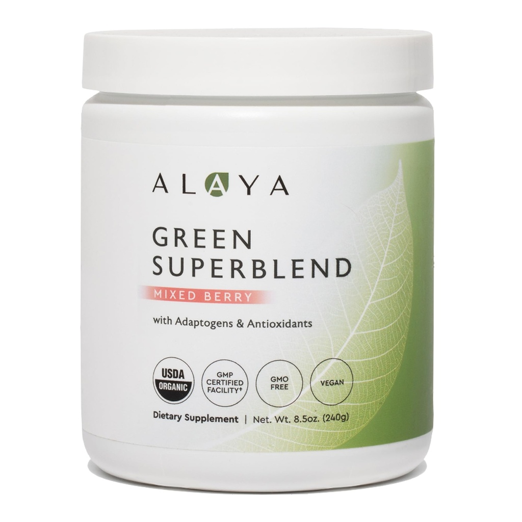 Alaya Orgánica Super Verde Polvo - Premium Verde Jugo Superalimentos Suplemento Polvo - Adaptógenos, Antioxidantes &amp; Probióticos Blend - USDA Orgánica, No-GMO, Vegan - 30 Servimientos (Mixed Berry)