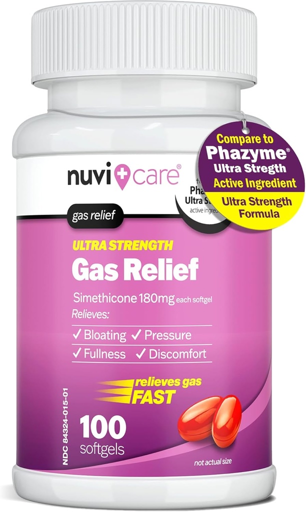 Ultra Strength Gas Relief - Simethicone 180mg Softgels - Anti Gas and Bloating Relief - Compare to The Active Ingredient in Phazyme Anti Gas Pills - Stomach Gas Relief for Adults (100 Count)
