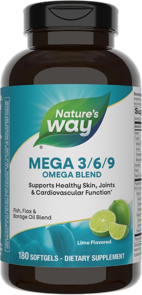 Camino de la Naturaleza Mega 3/6/9 Omega Blend, soporta la piel sana, las articulaciones, la función cardiovascular*, el pescado, el Flax, el aceite de borrado, 180 Lime Flavored Softgels (paquete mayo Vary)