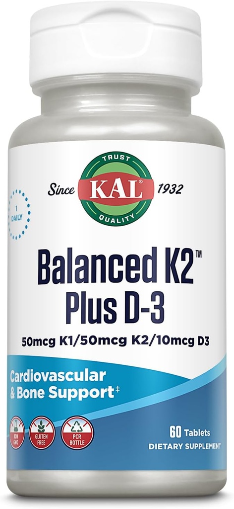 KAL Balanced K2 Plus D-3 Tablets, 100 mcg, 60 Cuenta