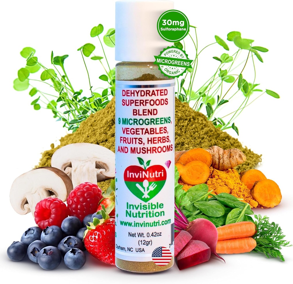 InviNutri Superfood Powder for Picky Eaters – Unflavoured, Sensory-Friendly – 40x Nutrient-Rich, 30mg Sulforaphane – Microgreens orgánicos, Frutas & verduras – Blends Invisiblemente Into Most Meals - 24 serv.