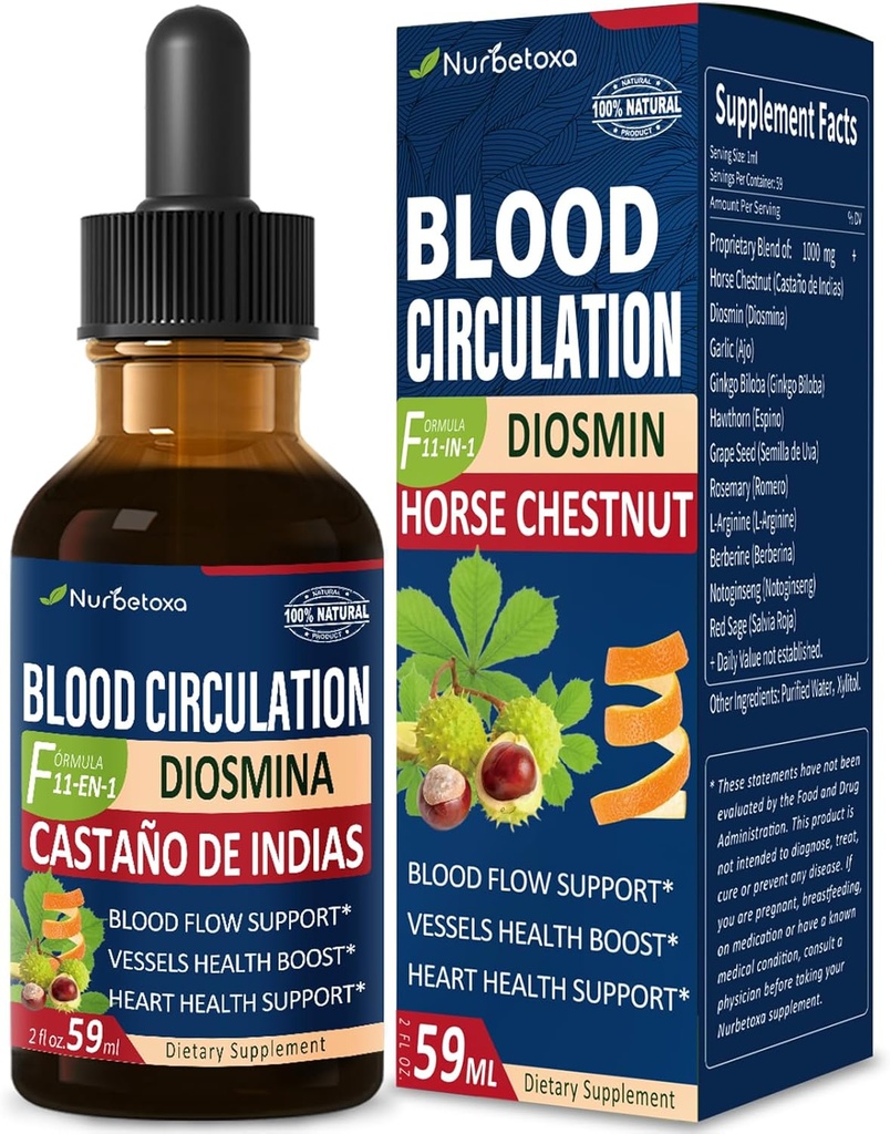 Circulación de sangre Caballo Chestnut Extracto gotas líquidas, Castaño de Indias y Diosmina para la Circulacion y Varices, Suplemento de óxido nítrico para Flujo de sangre, Presión y Salud del Corazón.2 oz
