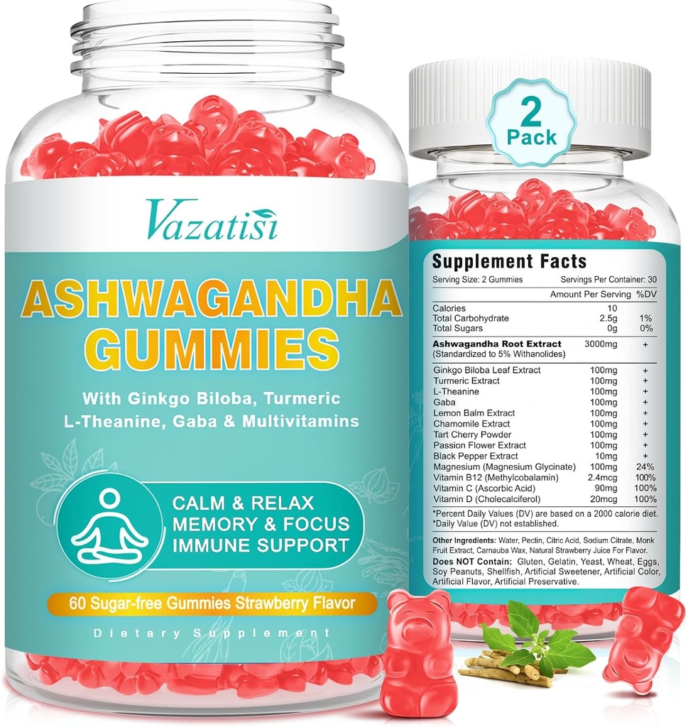 2 Pack Ashwagandha Gummies with Turmeric GABA Mood Energy and Immune Support, Strawberry Flavor 120 Cts