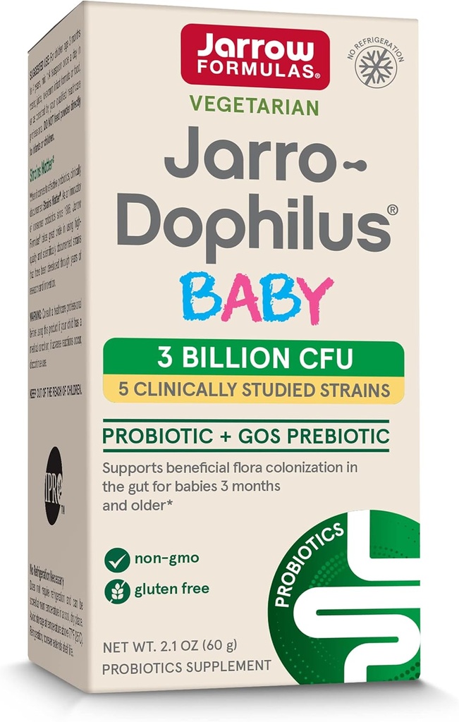 Jarrow Formulas Jarro-Dophilus Baby + GOS - 2.1 oz Powder - Apoya la salud intestinal para bebés 3 meses a 4 años - 60 servidumbres