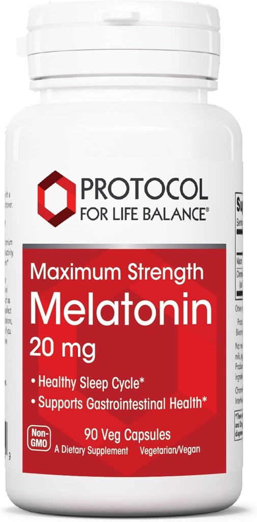PROTOCOL FOR LIFE BALANCE Melatonin Maximum Strength - 20 mg Melatonin - Sleeping Support for Adults - Daily Immune Support - Pineal Gland Aid - Vegan & Non-GMO - 90 Veg Capsules