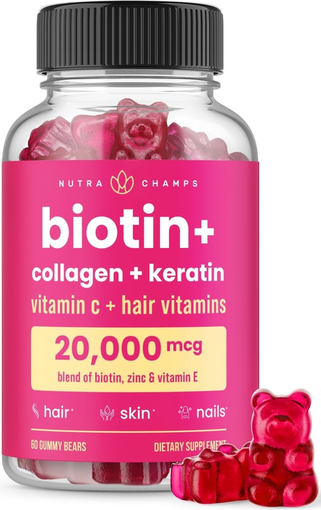 NutraChamps Hair Skin &amp; Nails Gummies ← Biotin with Collagen & Keratin  5000mcg Biotin Beauty Complex ← Vitamin Supplement for Women &amp; Men  durable Berry ← Saludable, Esquí radiante y uñas fuertes