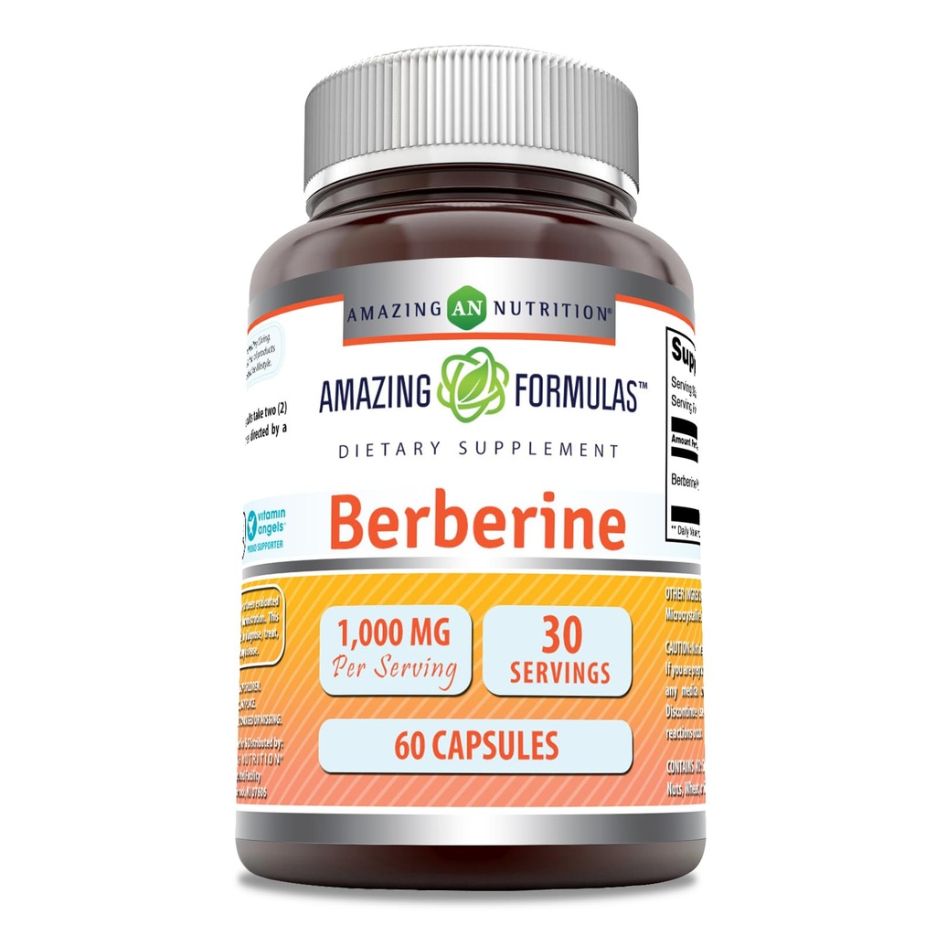 Amazing Formulas Berberine 1000mg Por Serving 60 Capsules Suplemento Silencio No GMO Silencioso Gluten Libre Silencio Made in USA
