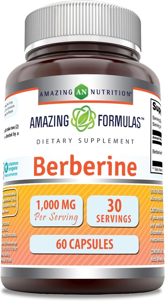 Amazing Formulas Berberine 1000mg Por Serving 60 Capsules Suplemento Silencio No GMO Silencioso Gluten Libre Silencio Made in USA