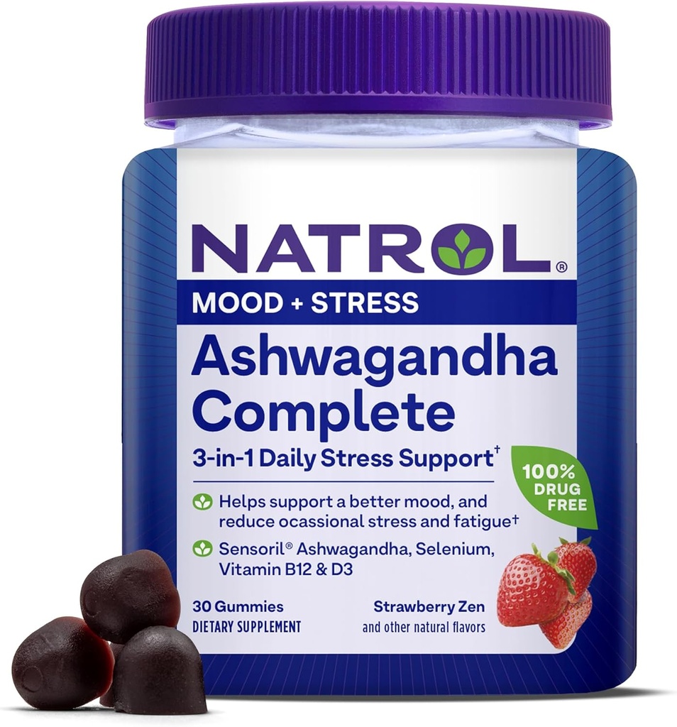 Natrol Ashwagandha Completa Gummy, 3-in-1 Daily Stress Supports Better Mood, Reduce el estrés ocasional y la fatiga, 30 Gummies, hasta un suministro de 15 días