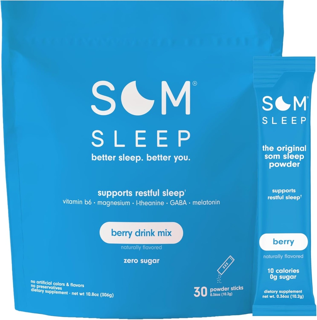 Som Sleep, Calm Sleep Powder Drink Mix, 3mg Melatonin, Magnesium, Vitamina B6, L-Theanine & GABA – Vegan, Keto Friendly – Zero Sugar Berry, 30-Pack