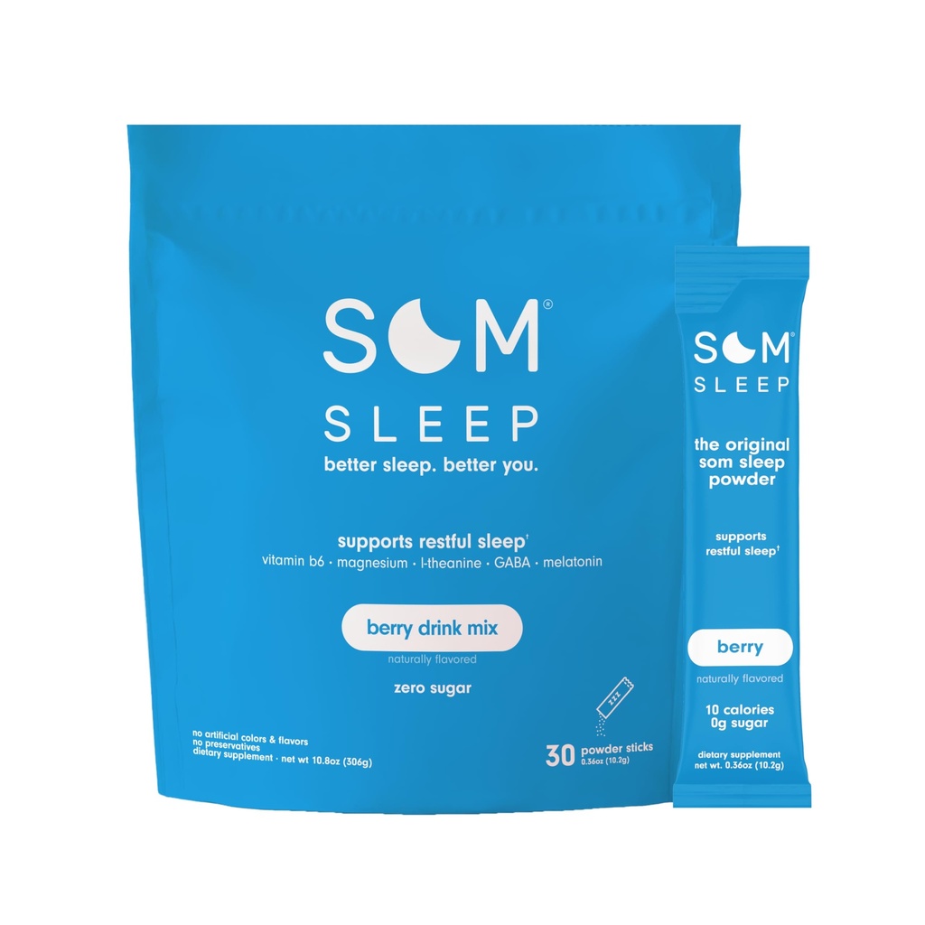 Som Sleep, Calm Sleep Powder Drink Mix, 3mg Melatonin, Magnesium, Vitamina B6, L-Theanine & GABA – Vegan, Keto Friendly – Zero Sugar Berry, 30-Pack