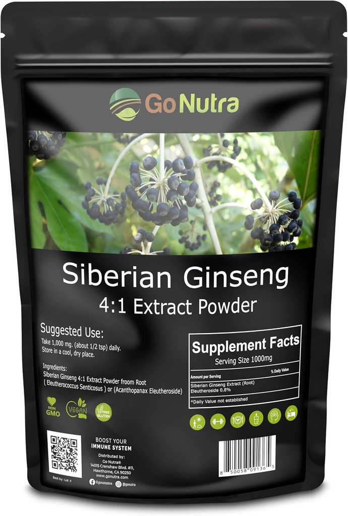 Go Nutra Siberian Ginseng - Eleuthero Root Powder TENIDO 4:1 Extracto 4X Times Stronger ← Apoya Energía " Stamina TEN Natural " Eleutherococcus Senticosus Silencio No-GMO Silencio 1lb (16 onzas)