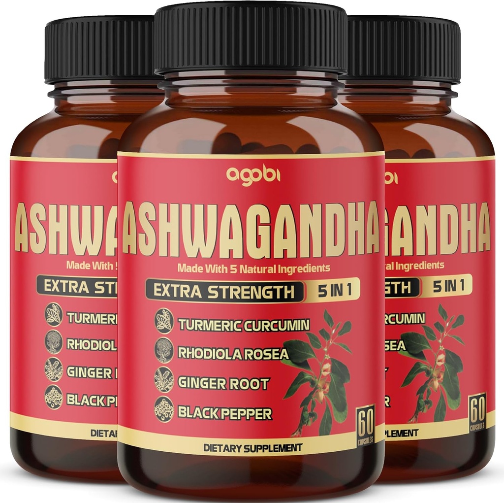 3 Packs 60 cápsulas - Ashwagandha Suplemento 5200mg - 5in1 con Ginger, Turmeric, Rhodiola Rosea & Black Pepper - Stamina & Body Health Support - 6 meses de suministro