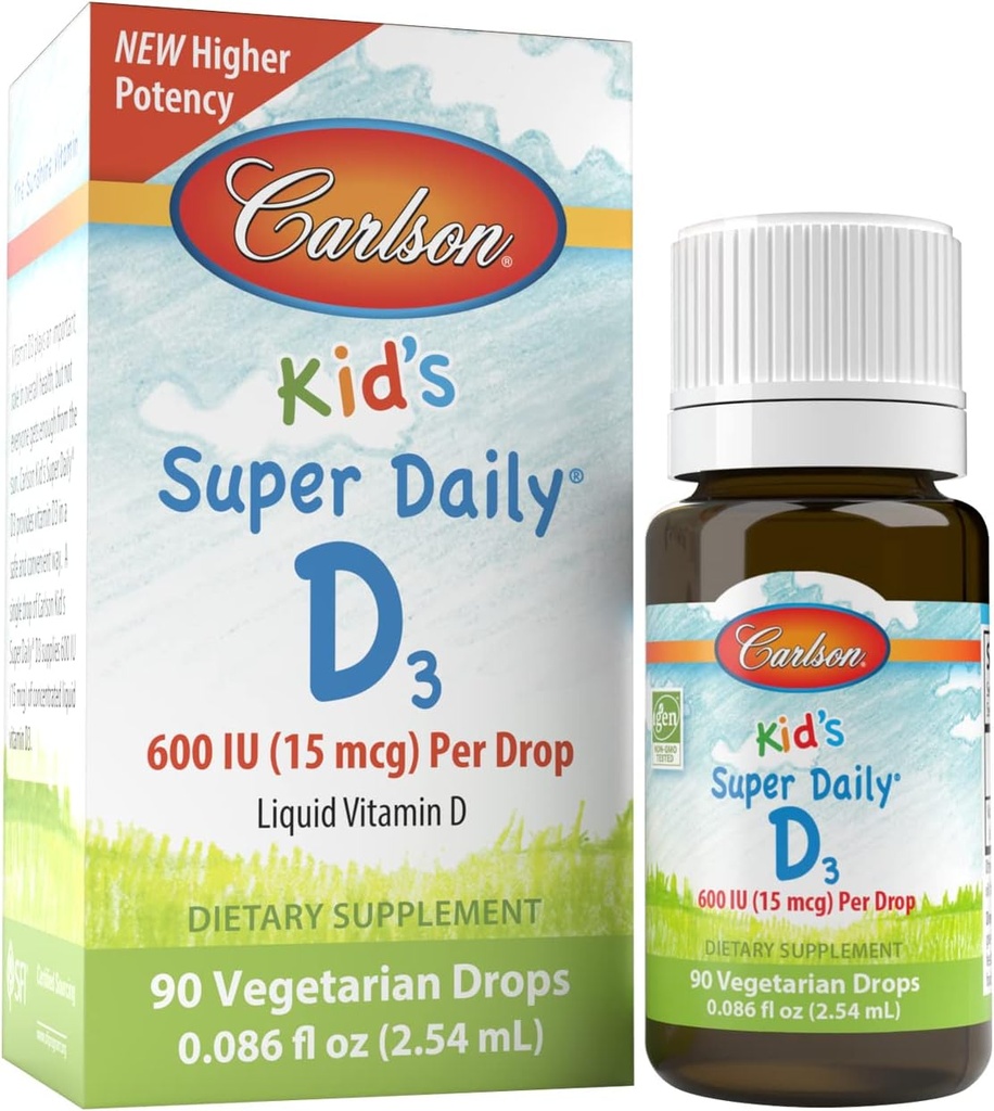 Carlson Kid's Super Daily D3, 600 IU (15 mcg) per Drop – Liquid Vitamin D Drops for Kids, 90 Drops (2.54 mL), Vegetarian, Unflavoured