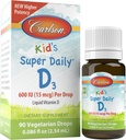 Carlson Kid's Super Daily D3, 600 UI (15 mcg) por gota – Liquid Vitamina D gotas para niños, 90 gotas (2,54 mL), Vegetariano, Unflavoured