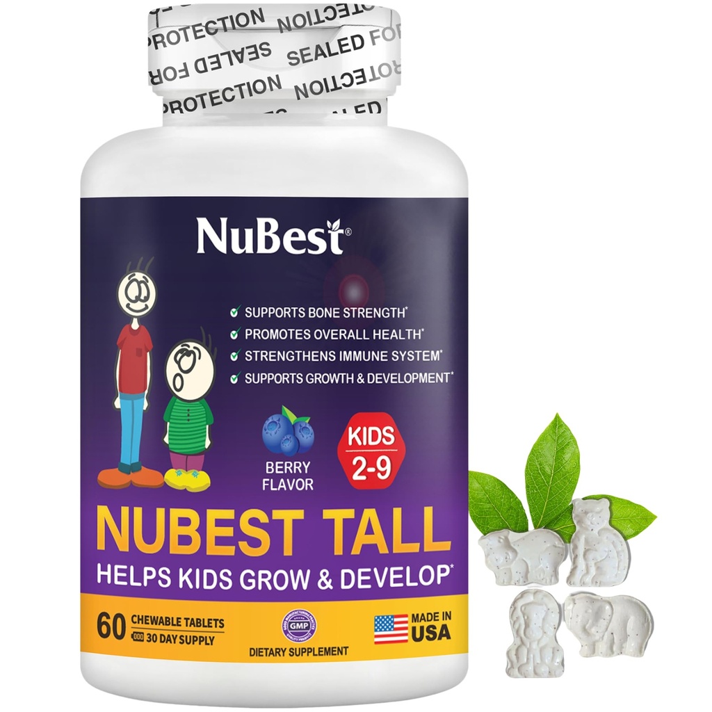 NuBest Tall Kids - Multivitamins & Minerals for Age 2 to 9 - Bone Strength & Immunity Support - Helps Kids, Toddlers Healthy - Animal Shapes - 60 Chewable Berry Tablets | 1 Month Supply