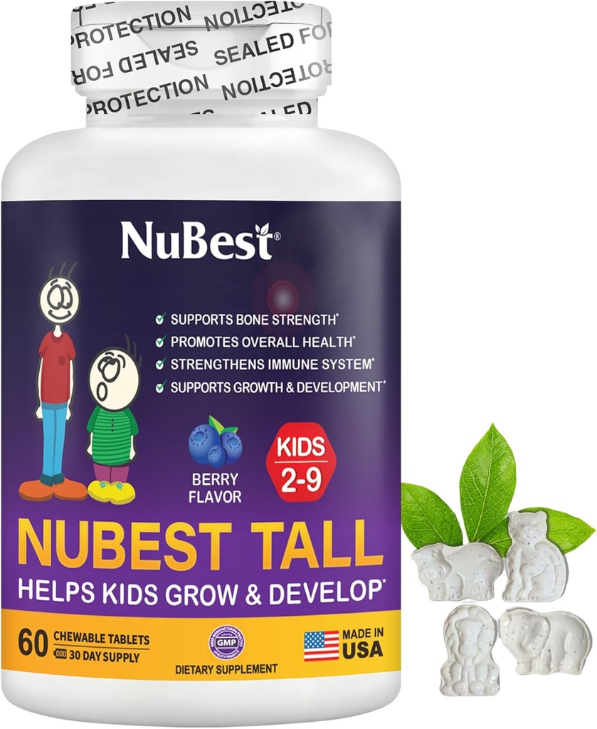 NuBest Tall Kids - Multivitamins & Minerals for Age 2 to 9 - Bone Strength &amp; Immunity Support - Helps Kids, Toddlers Healthy - Animal Shapes - 60 Chewable Berry Tablets  1 Month Supply