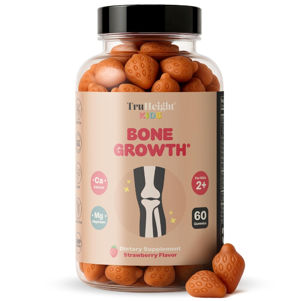 TruHeight Kids Bone Growth Gummies (Strawberry, Ages 2+) All Natural Kids & Toddler Vitamins - Vitamina D, Calcio, K, Magnesium Multivitamin, Growth & Development, Builds Strong Bones, D3 K2, Vegan