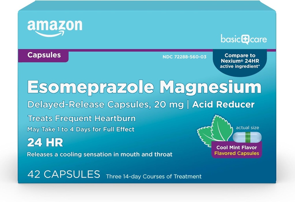 Cuidado básico Esomeprazole Magnesium Delayed-Release Capsules 20 mg, Acid Reducer, Cool Mint, 42 Conde (3 Packs de 14)