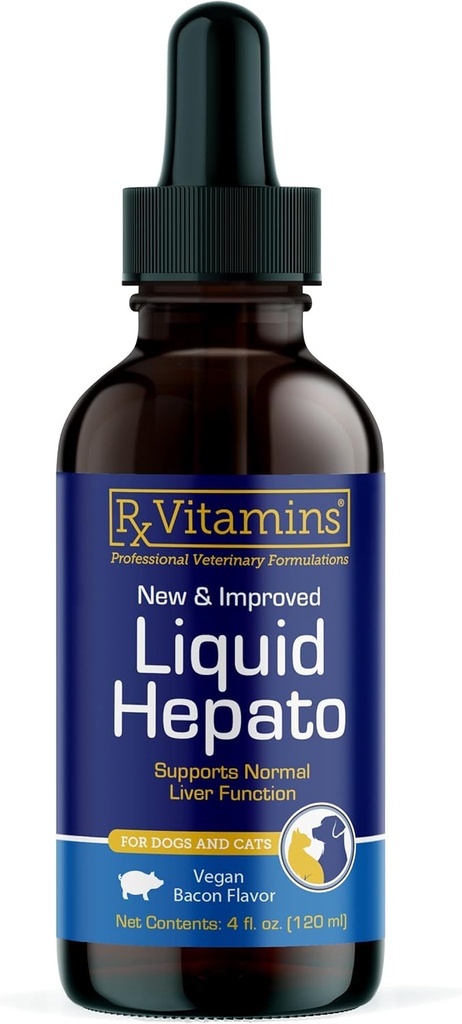 Vitaminas Rx Hepato líquido Soporte para perros &amp; gatos - Suplemento de soporte para hígado con cardo de leche para perros (Silymarin &amp; Silybinin) y vitamina B - Bacon Flavor (4oz)