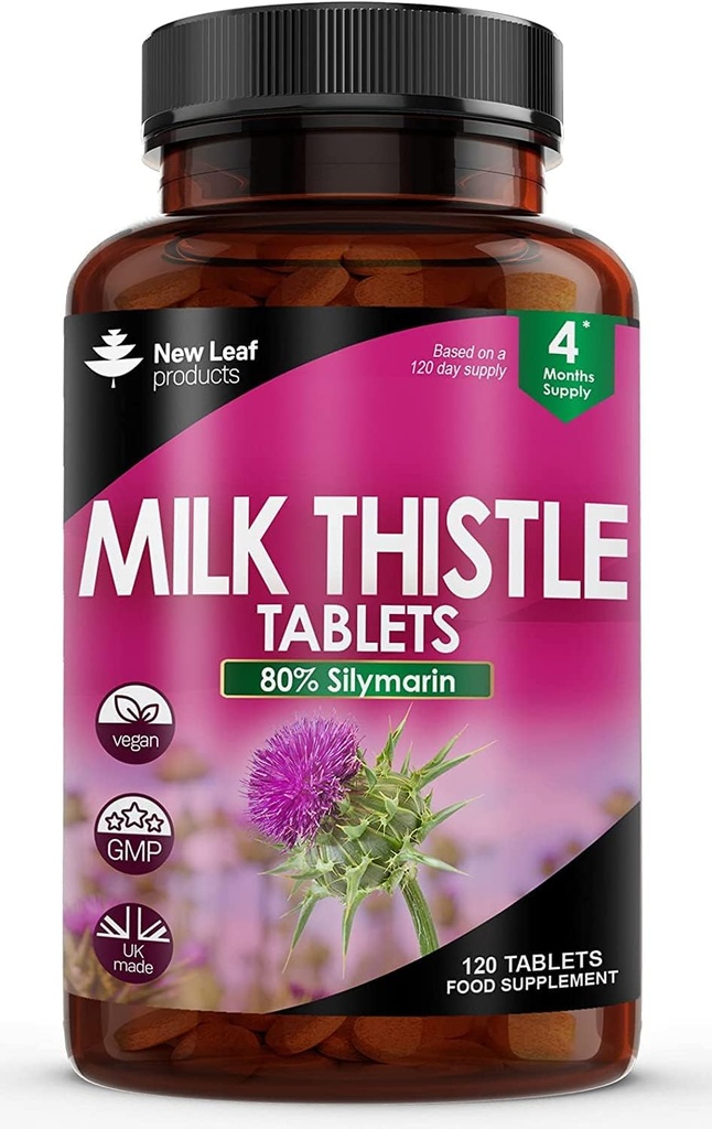 Nuevos Productos Leaf Leche Esteto 1000mg Tablas (4 Mes de Suministro) Alta Fuerza 2000mg 80% Silymarin, Tablets Vegan, GMO-Free, sin gluten 120 Tabletas