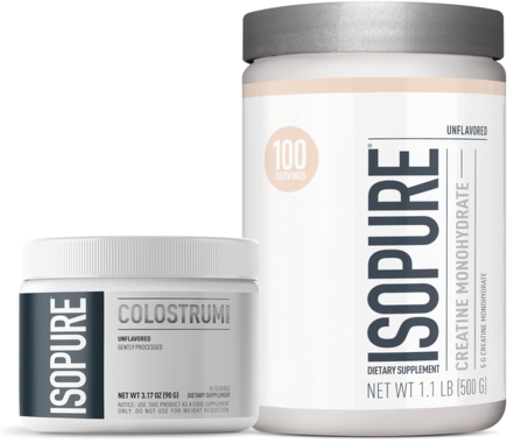 Agrupación de Isopure Bovine Colostrum Suplemento Polvo, Gently Procesado, 90 Servimientos + Isopure Desflavored Creatine Monohydrate Polvo, 5g Cretine Monohydrate por Scoop, 100 Servimientos, 500g