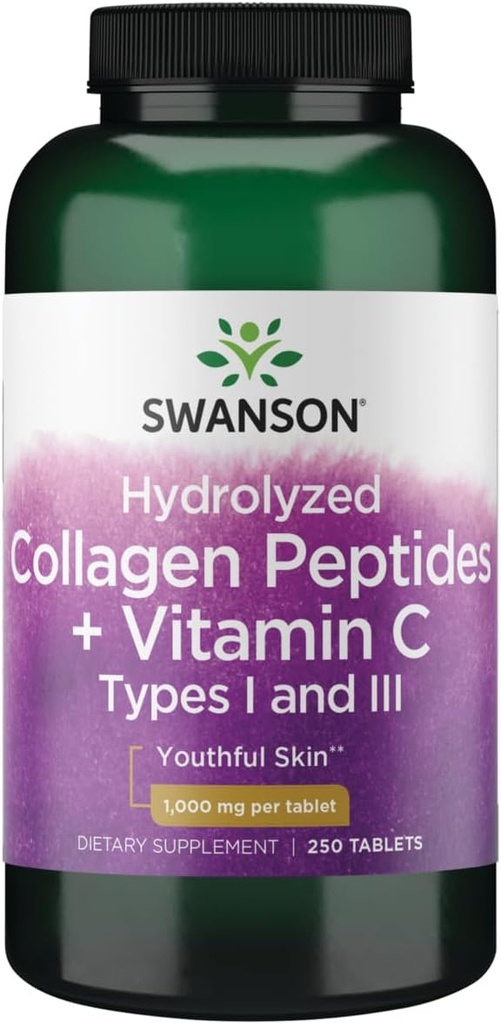 Peptidos de colágeno hidrolizado Swanson + Vitamina C Tipos I e Iii 1000 mg 250 Tabs