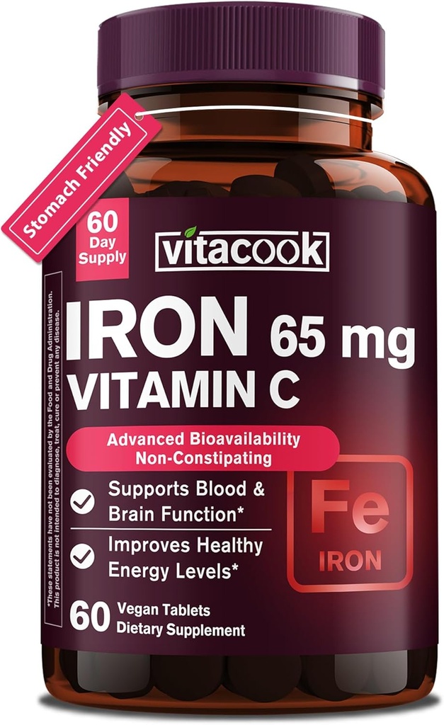 Iron Supplement for Women Men, High Potency Iron 65mg with Vitamin C 250mg, Slow Release Stomach Friendly Iron Pills for Red Blood Cell & Immune Support, Non-GMO, Gluten Free, 60 Vegan Tabs