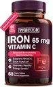 Suplemento de hierro para mujeres hombres, hierro de alta potencia 65 mg con vitamina C 250mg, baja liberación de estómago píldoras de hierro amigable para la célula de sangre roja &amp; apoyo inmunológico, no GMO, Gluten Free, 60 pestañas Vegan