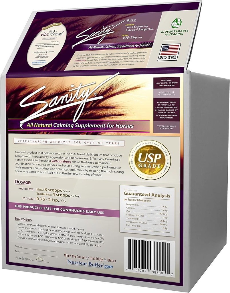Sanity - Equine Behavioral Calming Focus Suplemento para Caballos - Magnesio, Calcio, Zinc, B Vitaminas, Aminoácidos, Probióticos, Thiamine, Folic Acid, Niacin, Peppermint &amp; More