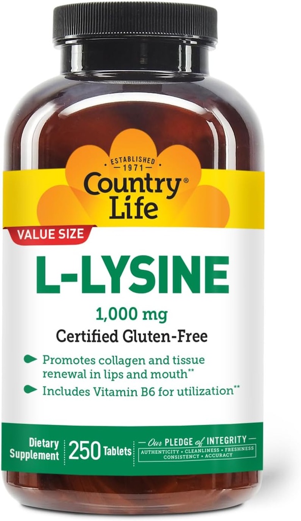 Country Life L-Lysine 1000mg con B-6, apoya la salud inmune, promueve la renovación del colágeno en los labios y la boca, 250-Count, galleta certificada gratis, certificada Vegan