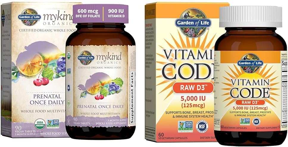 Garden of Life Organics Prenatal Vitamina: Folate for Energy & Healthy Fetal Development &amp; Vitamina D, Vitamina D3, Vitamina D 5,000 UI