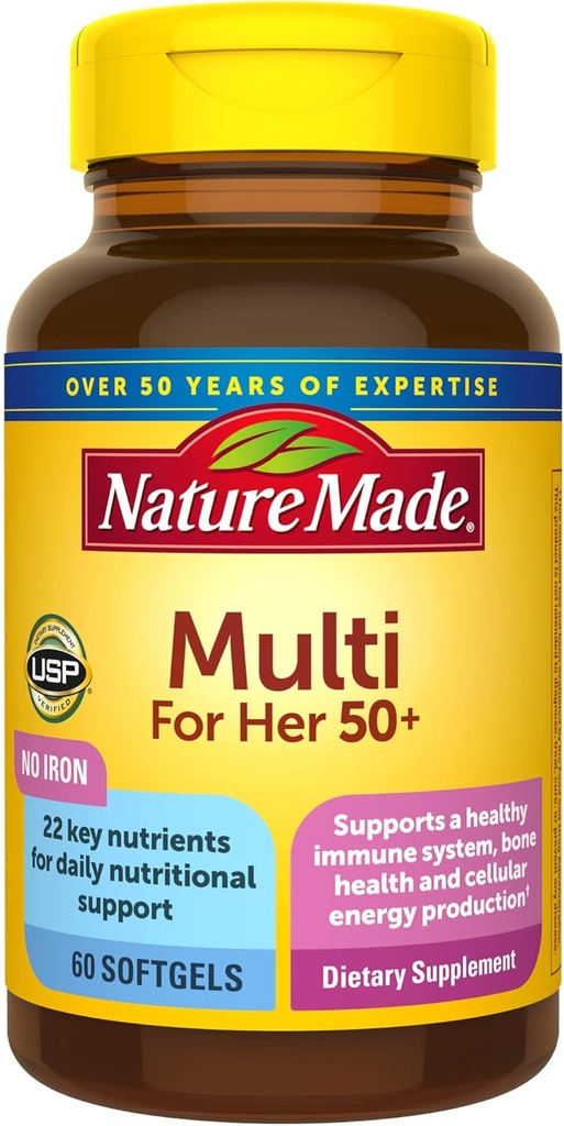 Multivitamina hecha de la naturaleza para sus 50+ con No Hierro, Mujeres Multivitamina para soporte nutricional diario, Multivitamina para mujeres, 60 Softgels, 60 Day Supply