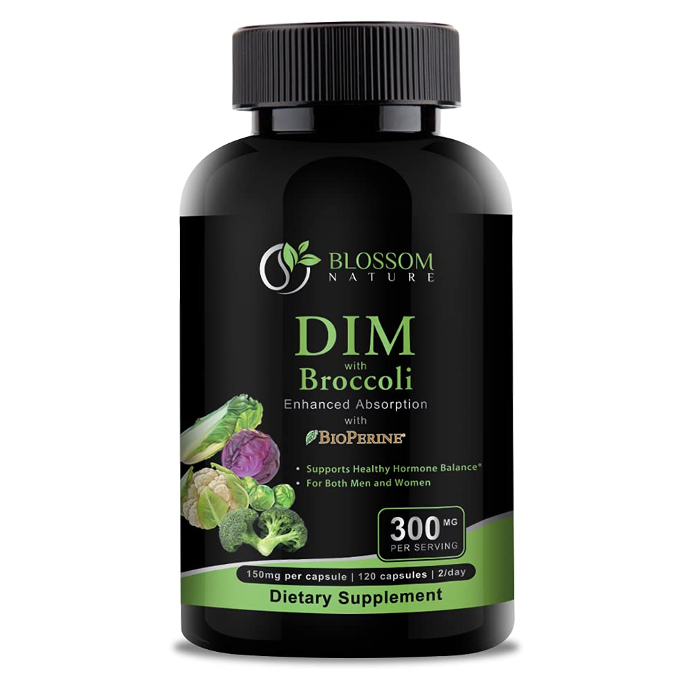 DIM Suplemento 300mg con Broccoli 200mg BioPerine 10mg-Hormone y Estrógeno Balance para Hombres,Menopause Relief,PCOS & PMS Support,Hormonal Acne Treatment-120 Caps,Diindolylmethane 150mg por Cap