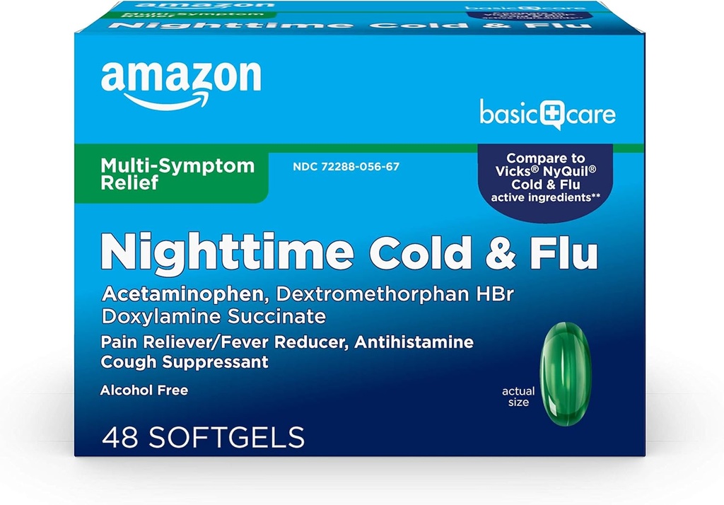   Basic Care Nighttime Cold and Flu Relief Softgels, 6 Hour Cold Medicine, Relieves Major Flu Symptoms So You Can Rest, 48 Count (Pack of 1)