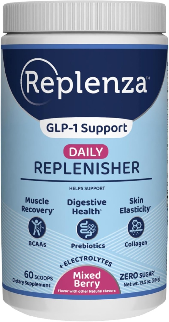 Replenza Daily Replenisher GLP-1 Nutritional Support, Powder, Muscle Recovery, Digestive Health & Skin Elasticity Mix of Amino Acids, Prebiotics and Collagen Peptides – Berry Flavor, 60 Scoops,13.5 OZ