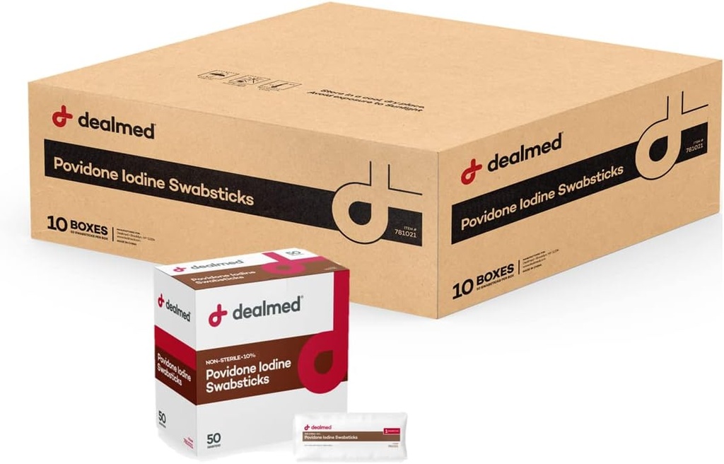 Povidone Iodine concesionado 10% Swabsticks - Empaquetaduras individualmente selladas perfectas para el cuidado de heridas y kits de primeros auxilios portátiles, 50/Box (Caso de 10)