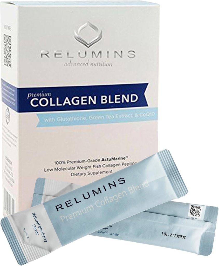 Relumins Marine Collagen Powder Drink Mix - Collagen Peptide with Glutathione, Green Tea, CoQ10, & Hyaluronic Acid Promotes Glowing Skin - 100 Powder Sachets x Blueberry Flavored + 10 Free Sachets