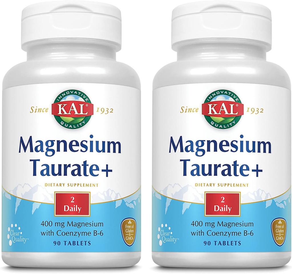 KAL Magnesium Taurate Plus 400mg w/Coenzyme B6 | Highly Bioavailable, Chelated, Vegan | for Normal Nerve, Muscle Function and Heart Health | 90 Tabs | 2 pk