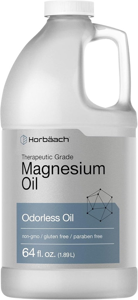 Horbäach Magnesium Oil ← 64 fl. oz ← Terapéutica Grado ¦ Vegetariano, No GMO, Gluten Free, y Paraben Free Odorless Formula