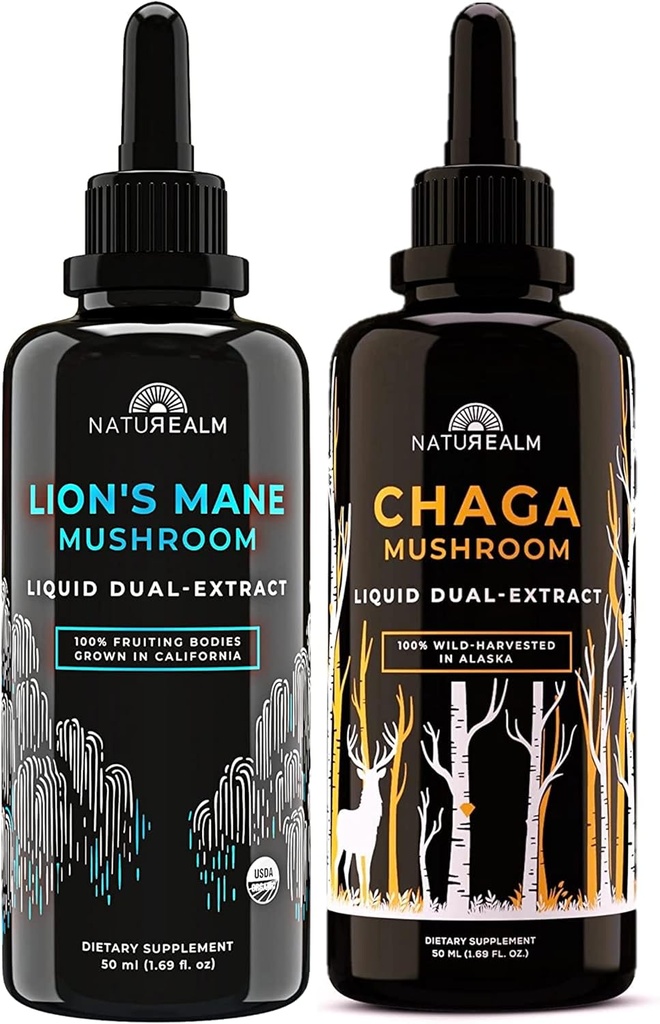 Naturealm Lion's Mane & Chaga Mushroom Extract - Adaptogen Stack for Focus, Immunity, Longevity, Stress Relief, Gut Health, Anti-Aging, Energy &amp; More - Organic Liquid Drops - 50 mL Cada (2 Pack)